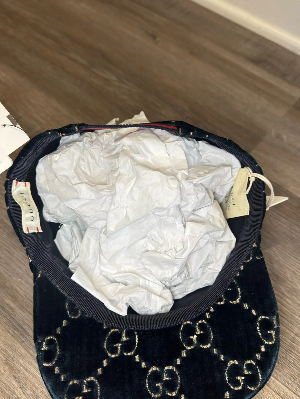 Gucci Double GG Logo Sapphire Blue Gold Velvet Baseball Cap Hat